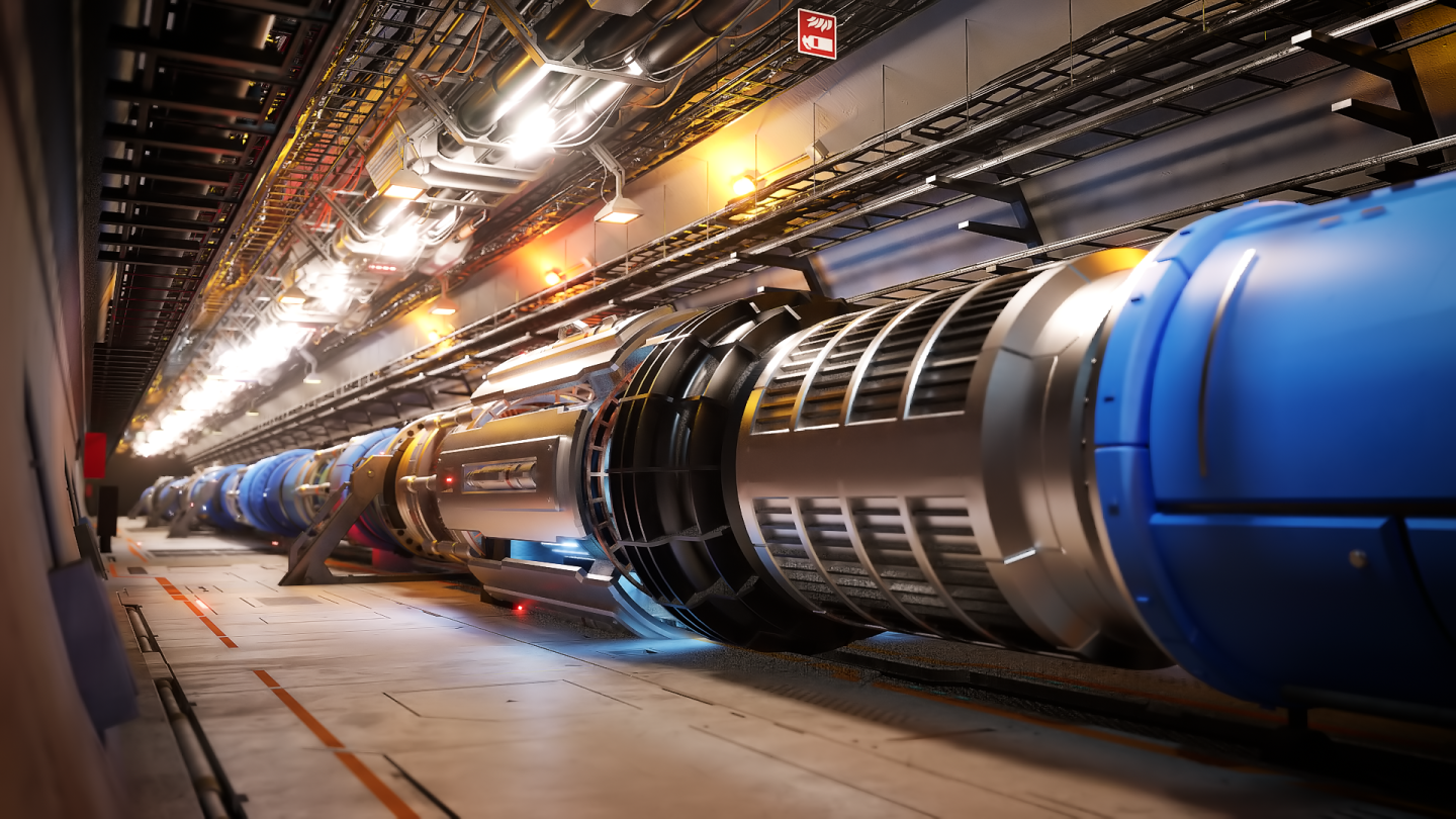 Artistic representation of the tunnel for the FCC-hh (proton-proton collider) (image: PIXELRISE)